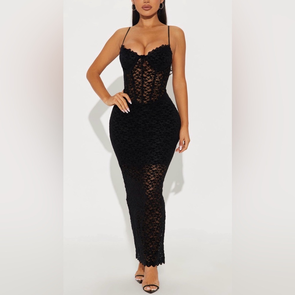 Fashion Nova Black Lace Spaghetti Strap Maxi Dress